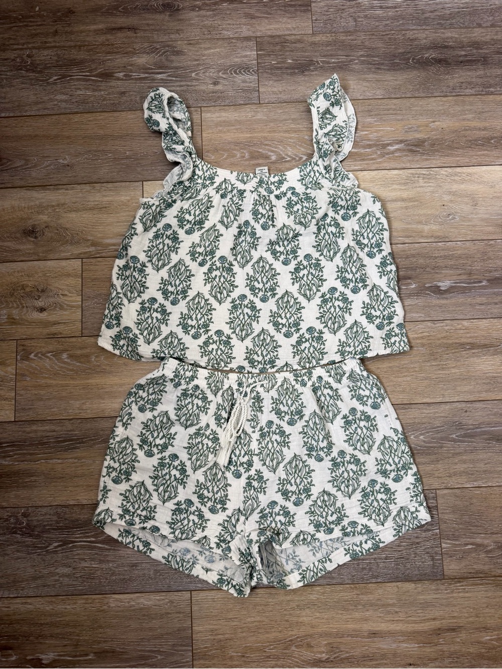 Rachel Zoe Cream Floral Ruffle Strap Pajama Set - Green Print